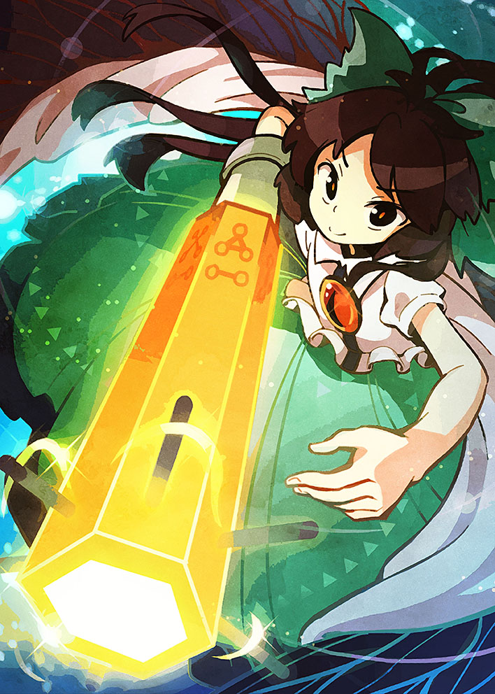 ahoge aiming_at_viewer arm_cannon black_eyes black_wings bow brown_hair cape energy feathered_wings glowing glowing_weapon green_skirt hair_bow light_particles long_hair looking_at_viewer orange_pupils perspective reiuji_utsuho renren_(ah_renren) shirt short_sleeves skirt smile solo space third_eye touhou weapon white_shirt wings