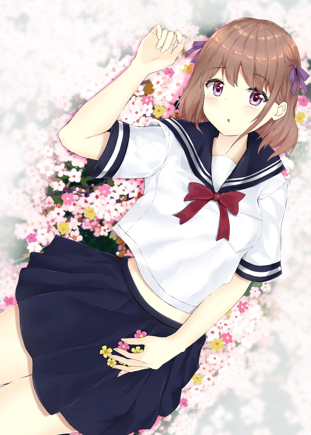 1girl 7_calpis_7 :o arm_up bangs blue_sailor_collar blue_skirt blurry blurry_background blush bow bowtie brown_hair commentary_request depth_of_field dutch_angle eyebrows_visible_through_hair fingernails flower hair_bow highres looking_at_viewer lying on_back original parted_lips pink_flower purple_bow purple_eyes red_neckwear sailor_collar school_uniform serafuku shirt short_sleeves skirt solo white_flower white_shirt yellow_flower