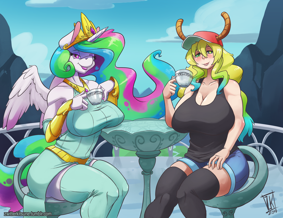 2017 animal_humanoid anthro anthrofied big_breasts breasts cleavage clothed clothing crossover cup dragon dragon_humanoid duo equine feathered_wings feathers female friendship_is_magic hair hat heterochromia holding_object horn humanoid legwear long_hair looking_at_viewer mammal miss_kobayashi's_dragon_maid multicolored_hair my_little_pony princess_celestia_(mlp) purple_eyes quetzalcoatl_(dragon_maid) sitting smile white_feathers winged_unicorn wings zwitterkitsune
