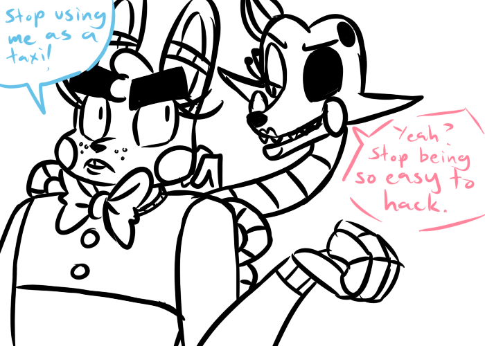 2016 animatronic anthro bow_tie buckteeth canine carrying dialogue duo english_text exposed_endoskeleton female five_nights_at_freddy's five_nights_at_freddy's_2 fox hacking inkyfrog lagomorph lipstick machine makeup male mammal mangle_(fnaf) piggyback rabbit restricted_palette robot simple_background teeth text toy_bonnie_(fnaf) video_games white_background