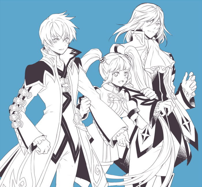 1girl 2boys asbel_lhant blush coat cravat detached_sleeves frills hair_ornament jacket long_hair monochrome multiple_boys open_mouth pants richard_(tales) short_hair shorts sophie_(tales) tales_of_(series) tales_of_graces twintails very_long_hair