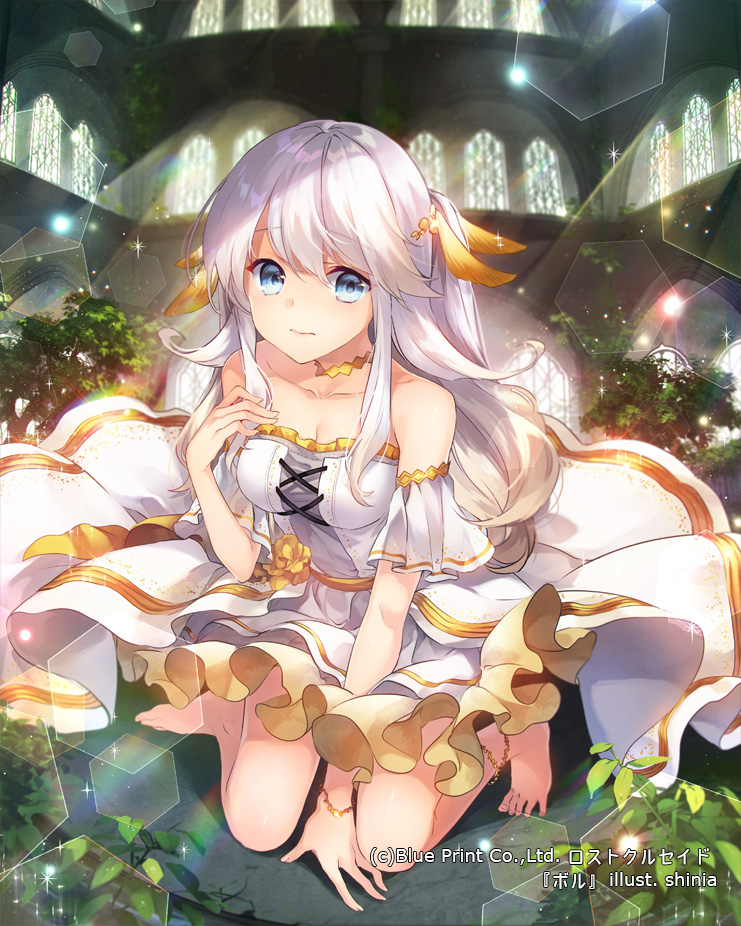 1girl artist_name bare_shoulders barefoot blue_eyes bracelet detached_sleeves dress feet jewelry kneeling looking_at_viewer lost_crusade official_art shinia short_sleeves sidelocks solo stained_glass sunlight toes watermark white_dress