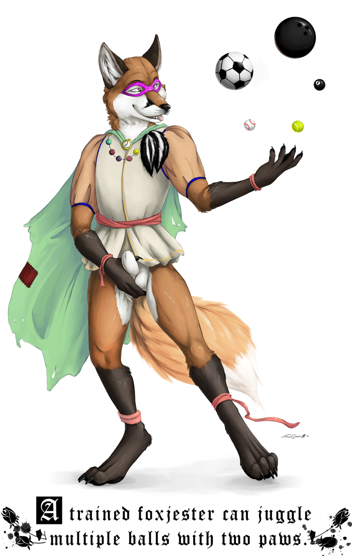 animal_genitalia ball balls baseball_(disambiguation) black_fur black_nose bowling_ball brown_fur canine cloak clock clothed clothing cue_ball english_text flaccid football_(disambiguation) fox fur jester jewelry looking_to_side male mammal mask masturbation necklace partially_clothed penis sheath simple_background solo standing tagme tennis_ball text tongue tongue_out truegrave9 white_background white_fur