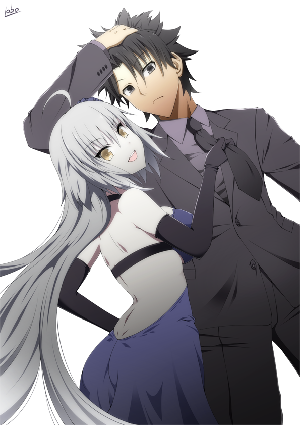 1girl :d ahoge backless_dress backless_outfit bangs bare_back bare_shoulders black_eyes black_gloves black_hair black_neckwear blue_dress breasts closed_mouth commentary_request dress elbow_gloves fate/grand_order fate_(series) formal fujimaru_ritsuka_(male) gloves jeanne_d'arc_(alter)_(fate) jeanne_d'arc_(fate)_(all) long_hair long_sleeves looking_at_viewer medium_breasts necktie ookami_maito open_mouth silver_hair smile spiked_hair suit v-shaped_eyebrows very_long_hair yellow_eyes