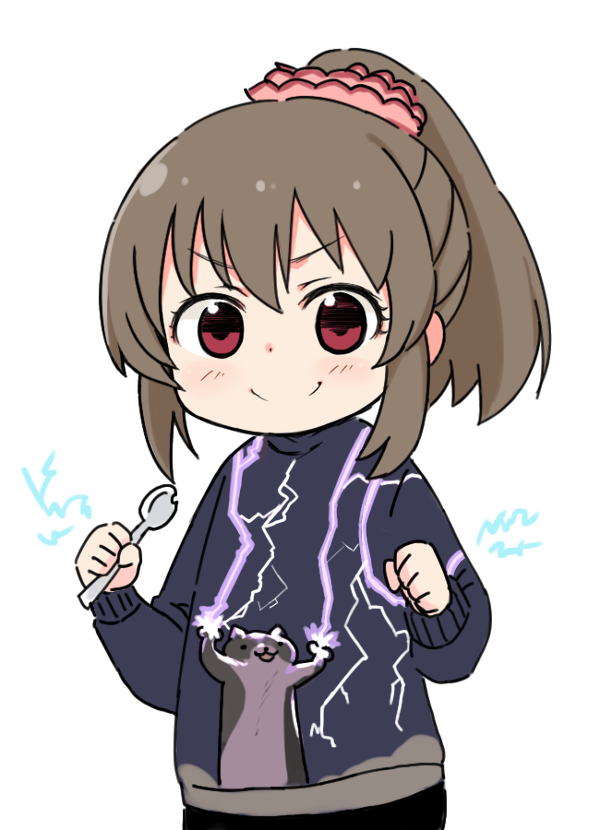 1girl arms_up blue_sweater blush brown_hair character_request clenched_hand closed_mouth hair_ornament hair_scrunchie high_ponytail holding holding_spoon idolmaster idolmaster_cinderella_girls long_sleeves looking_at_viewer meme meme_request moru_(monaka) pink_eyes pink_scrunchie scrunchie short_hair simple_background smile solo spoon sweater v-shaped_eyebrows white_background