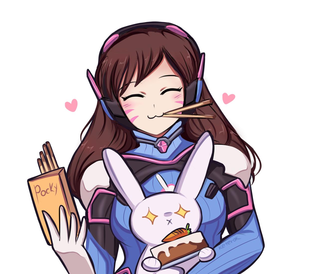 +_+ 1girl :3 :x ^_^ artist_name bodysuit brown_hair cake carrot_cake closed_eyes commentary d.va_(overwatch) eyes_closed food food_in_mouth gloves headphones heart keterok long_hair mouth_hold overwatch pocky ribbed_bodysuit simple_background solo stuffed_animal stuffed_toy valentine whisker_markings white_background