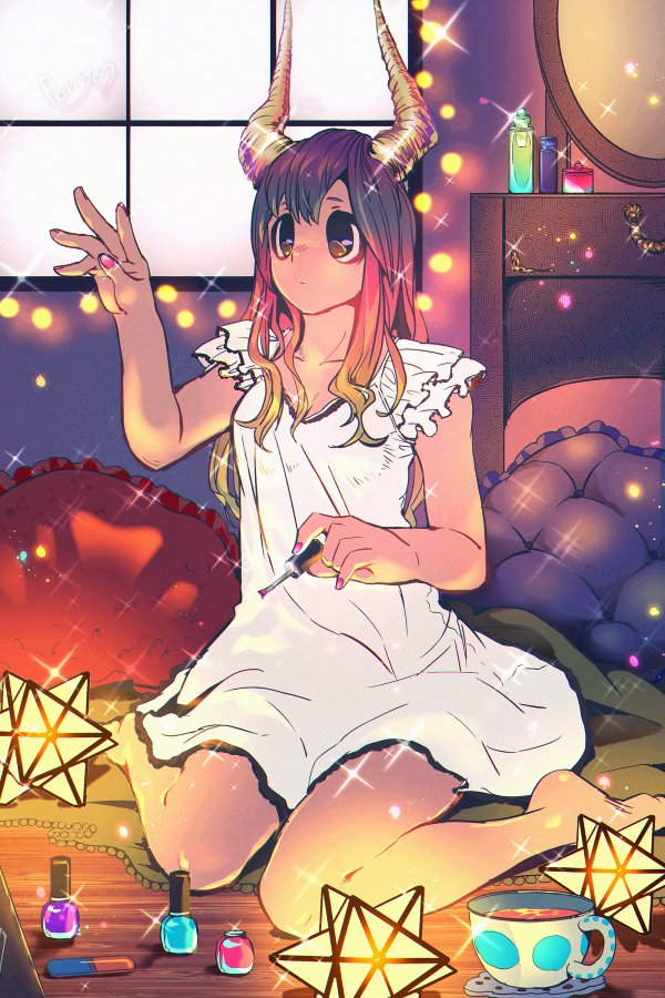barefoot bedroom blonde_hair blue_hair boku_no_hero_academia bottle brown_eyes character_name closed_mouth cup expressionless frilled_pillow frills gradient_hair hand_up heart horns indoors long_hair looking_away mirror multicolored_hair nail_file nail_polish nail_polish_bottle nightgown on_floor onion_pickles painting_nails perfume_bottle pillow pink_hair pink_nails purple_hair sitting sleeveless small_stellated_dodecahedron solo sparkle tea teacup tsunotori_pony vanity_table wariza window