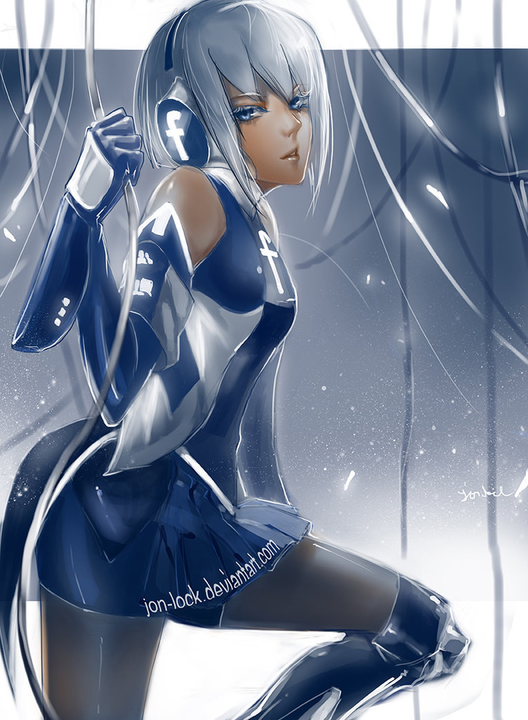 blue_eyes boots detached_sleeves elbow_gloves facebook gauntlets gloves headphones holding_on looking_at_viewer looking_to_the_side nadia_kim pantyhose short_hair silver_hair skirt