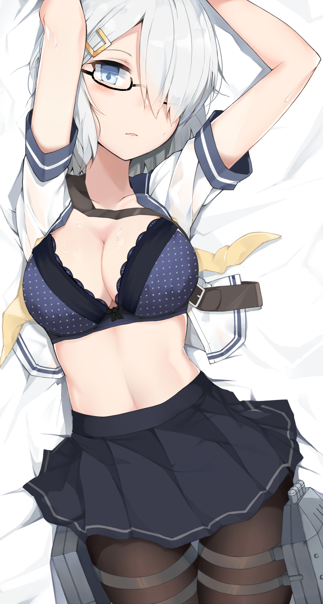 arms_up bespectacled blue_bra blue_eyes blue_skirt bra breasts closed_mouth cole collarbone expressionless glasses hair_ornament hair_over_one_eye hairclip hamakaze_(kantai_collection) kantai_collection looking_at_viewer medium_breasts mirror_image on_bed open_clothes open_shirt pantyhose pleated_skirt shirt short_hair short_sleeves silver_hair skirt solo thigh_strap underwear