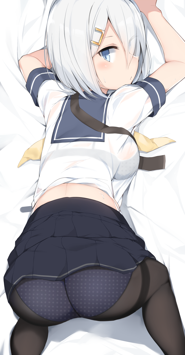 arms_up ass black_legwear blue_eyes blue_skirt bra breasts cole expressionless hair_ornament hair_over_one_eye hairclip hamakaze_(kantai_collection) kantai_collection on_bed panties panties_under_pantyhose pantyhose polka_dot polka_dot_panties school_uniform see-through serafuku short_hair short_sleeves silver_hair skirt solo underwear