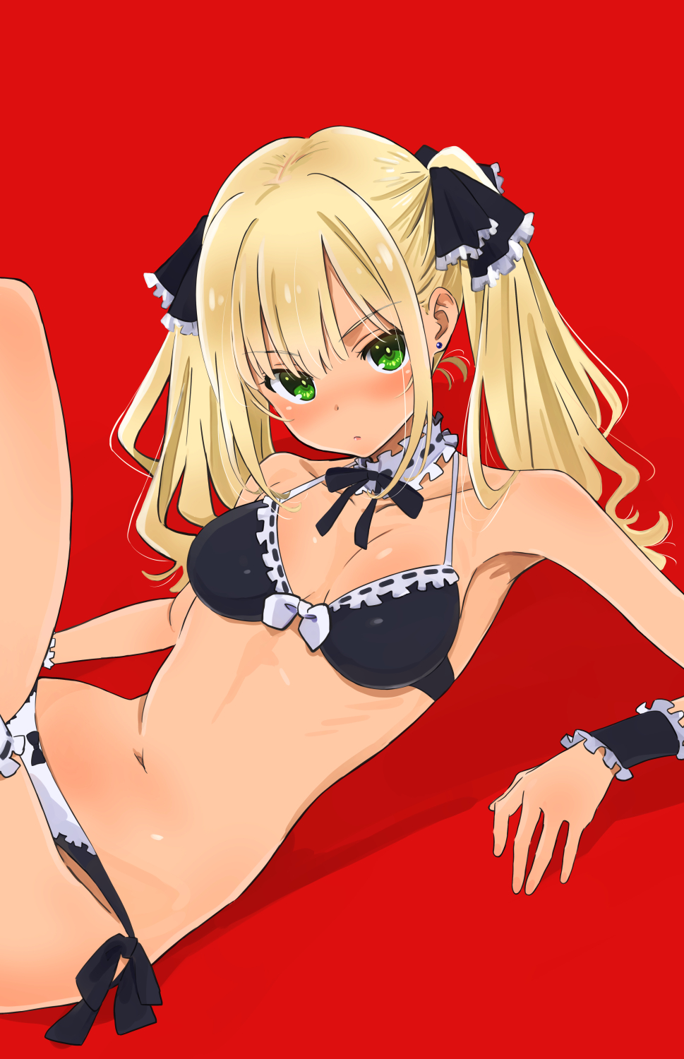 1girl arm_support armpits bangs bare_arms bare_shoulders bikini black_neckwear black_ribbon blonde_hair blush breasts choker cleavage closed_mouth collarbone commentary_request earrings eyebrows_visible_through_hair frilled_choker frilled_cuffs frills front-tie_bikini front-tie_top green_eyes hair_ribbon head_tilt highres jewelry knees_up leg_garter long_hair looking_at_viewer maid_bikini medium_breasts navel neck_ribbon nose_blush original reclining red_background ribbon ribbon_trim shadow side-tie_bikini sidelocks simple_background solo stomach swimsuit thighs twintails v-shaped_eyebrows wrist_cuffs yamaguchi_satoshi