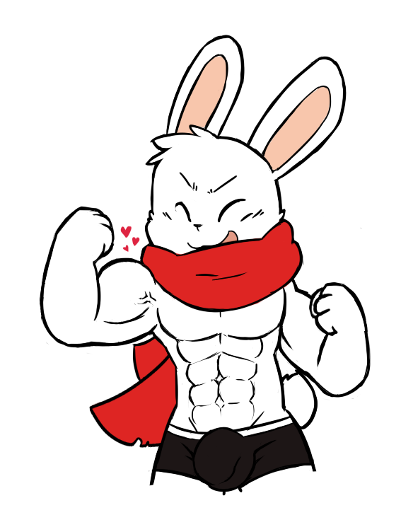 &lt;3 2017 4_fingers abs biceps big_head big_muscles black_nose boxer_briefs bulge clothing digital_media_(artwork) eyes_closed fist flexing front_view fur happy lagomorph male mammal muscular oob open_mouth open_smile pecs rabbit rabbit_tail scarf simple_background smile solo standing underwear vein white_background white_fur