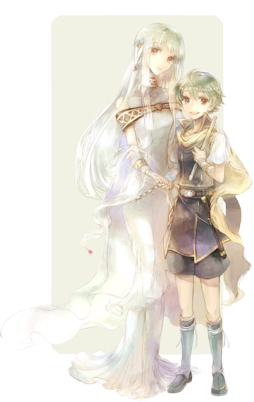 1girl bare_shoulders boots bracelet breasts brother_and_sister capelet choker commentary_request dress fire_emblem fire_emblem:_rekka_no_ken flute full_body green_hair hair_ornament head_tilt holding_hands instrument jewelry kuzumosu long_hair looking_at_viewer mamkute medium_breasts nils ninian open_mouth pants red_eyes sash shirt siblings silver_hair sleeveless smile standing veil