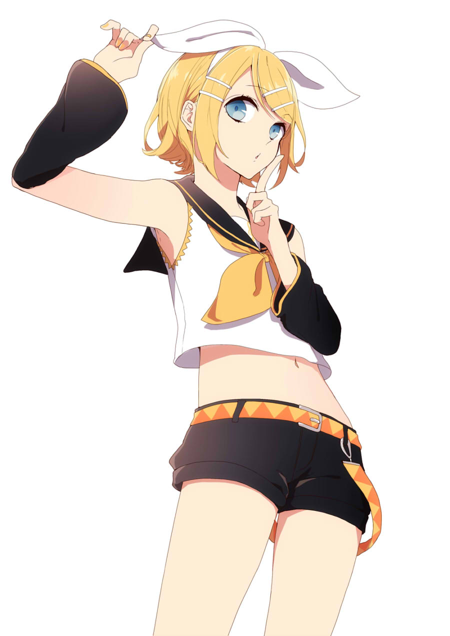 arm_up belt blonde_hair blue_eyes bow detached_sleeves eyelashes finger_to_mouth hair_bow hair_ornament hairclip highres jam_(zamuchi) kagamine_rin navel sailor_collar short_hair shorts simple_background solo thighs vocaloid