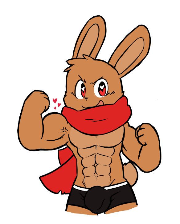 &lt;3 &lt;3_eyes 2017 4_fingers abs biceps big_head big_muscles black_nose boxer_briefs brown_fur bulge clothing digital_media_(artwork) fist flexing front_view fur happy lagomorph looking_at_viewer male mammal muscular oob open_mouth open_smile pecs rabbit rabbit_tail red_eyes scarf simple_background smile solo standing underwear vein white_background