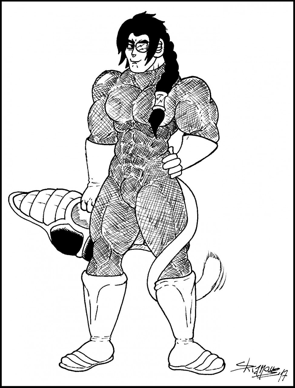 black_and_white black_hair bulge dragon_ball fan_character gamon hair long_hair looking_at_viewer male monochrome muscular saiyan scouter skianous