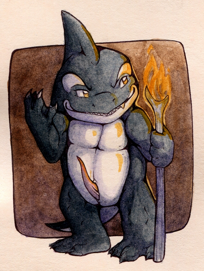 anthro arctic_quaggan claws fin fire guild_wars nude orka quaggan rait smile standing teeth traditional_media_(artwork) video_games wand