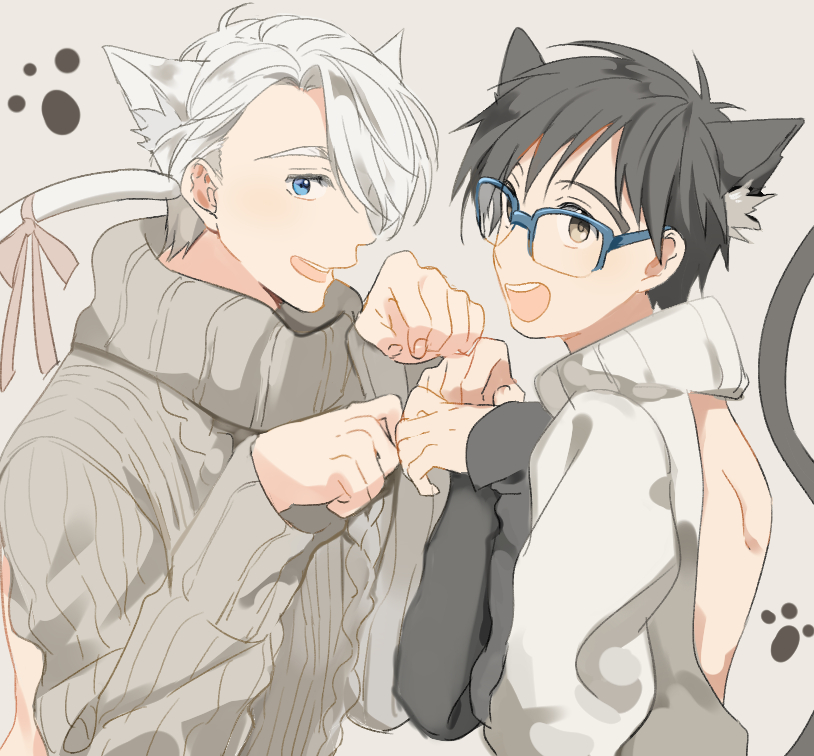 animal_ear_fluff animal_ears backless_outfit black_hair blue-framed_eyewear blue_eyes brown brown_eyes cat_ears cat_tail catboy commentary_request eunram extra_ears glasses hair_over_one_eye katsuki_yuuri kemonomimi_mode male_focus meme_attire multiple_boys open_mouth pale_color paw_pose paw_print silver_hair smile sweater tail turtleneck turtleneck_sweater viktor_nikiforov virgin_killer_sweater yuri!!!_on_ice