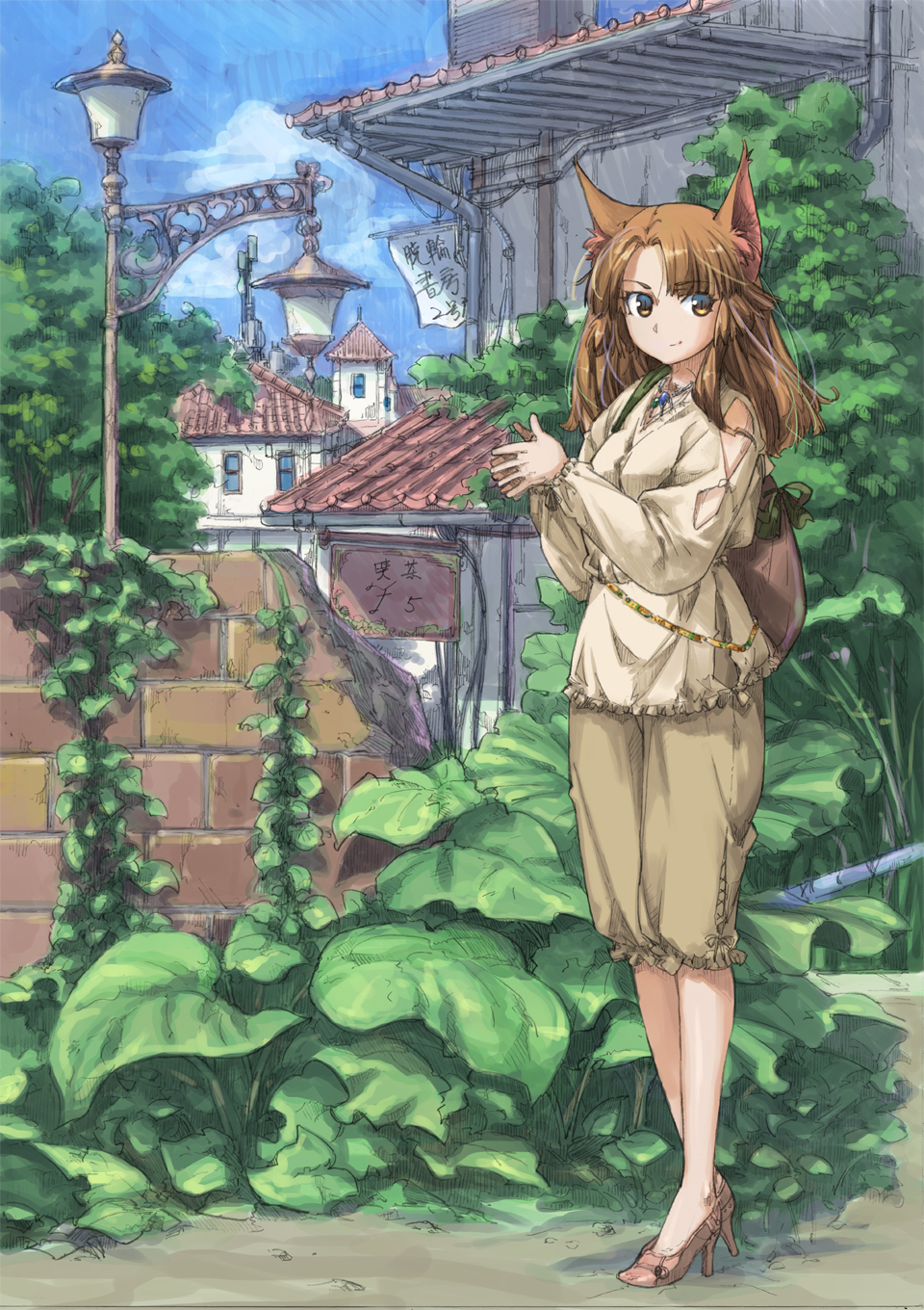 animal_ears brick_wall brown_eyes brown_hair capri_pants city cloud commentary day faux_traditional_media fox_ears hands_together hands_up high_heels highres lamppost long_hair looking_at_viewer looking_to_the_side meiz original outdoors pants plant sack scenery sign sketch sky smirk solo tile_roof tree vines wind