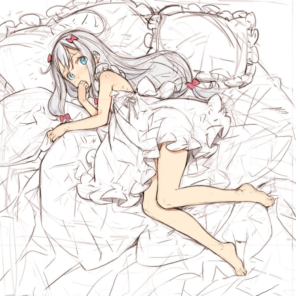 bare_legs barefoot blue_eyes bow dress eromanga_sensei hair_bow hand_to_own_mouth izumi_sagiri long_hair looking_at_viewer lying on_bed on_side ooyari_ashito silver_hair sketch solo white_dress