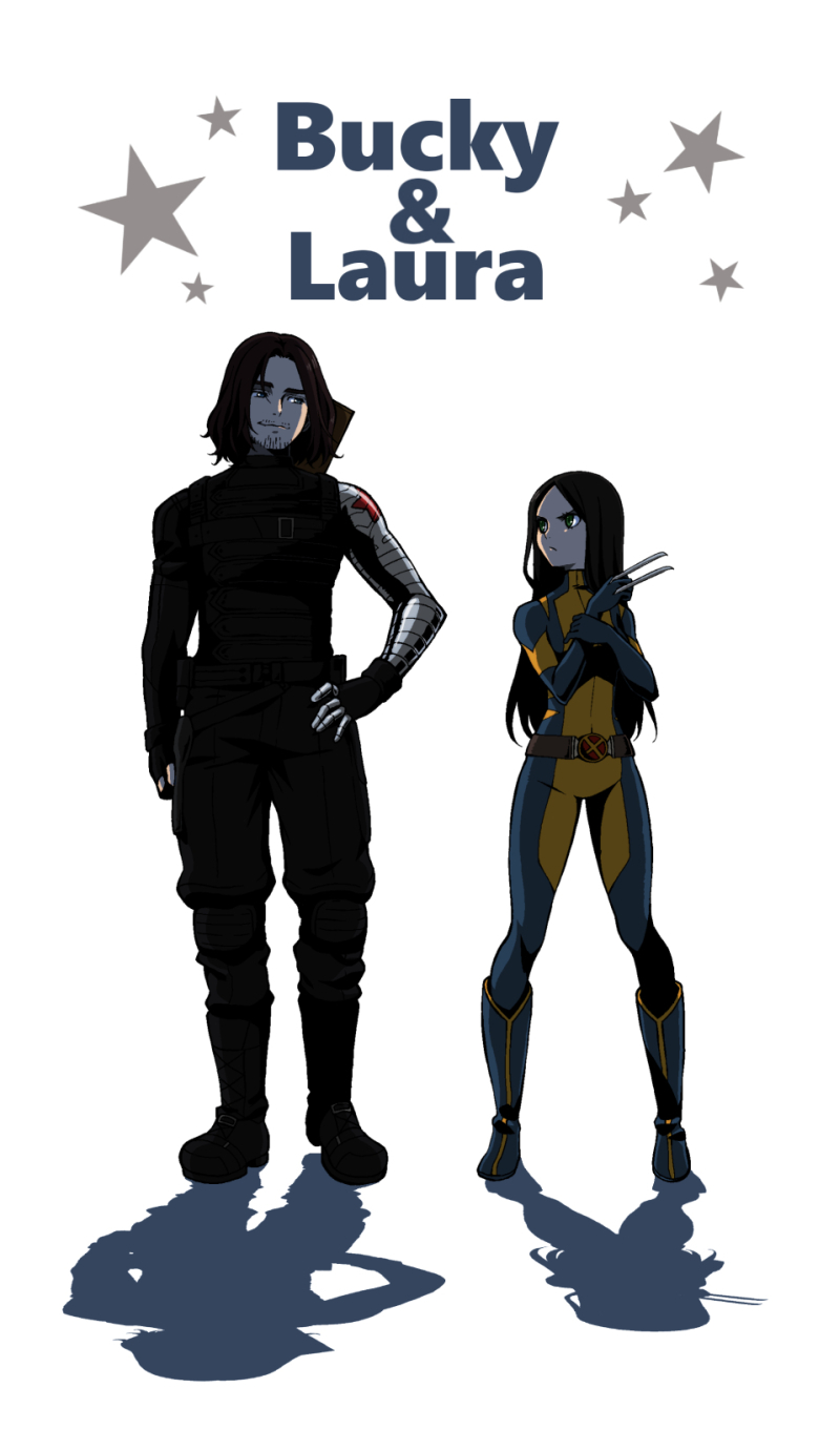 1girl bodysuit boots claws facial_hair goatee hand_on_hip height_difference highres james_buchanan_barnes knee_boots laura_kinney long_hair marvel mechanical_arm nico_(gumimayu) no_mask shadow star winter_soldier x-23 x-men