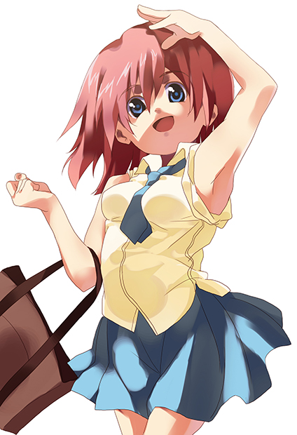 1girl arm_up armpits bag blue_eyes breasts kairi kairi_(kingdom_hearts) kingdom_hearts long_hair medium_breasts necktie open_mouth red_hair school_uniform solo