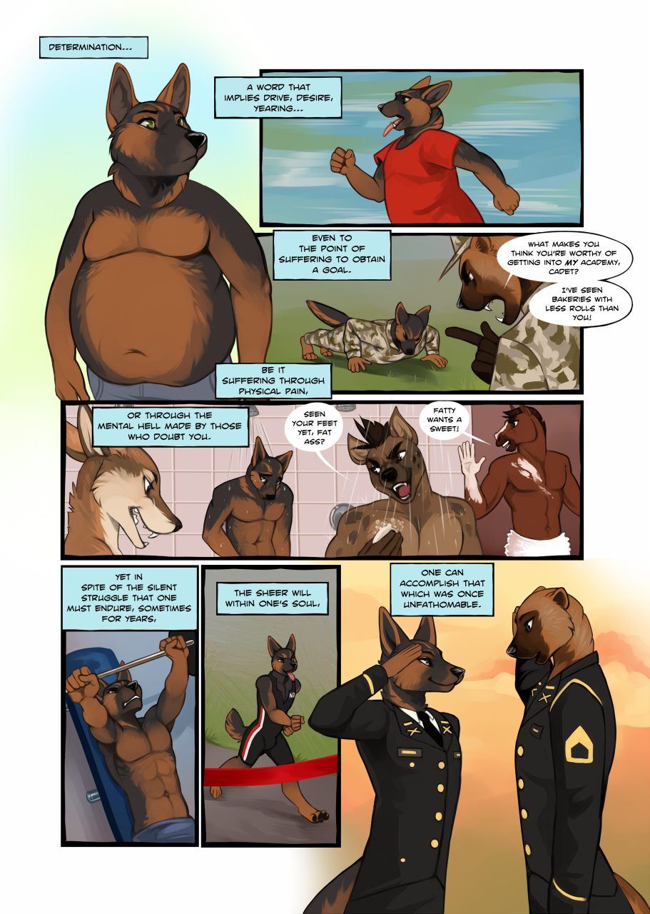 achievement army army_fatigues black_fur brown_fur bully bullying canine clothed clothing comic costume coyote demicoeur determination dog english_text equine exercise fitness fur german_shepherd green_eyes horse inspirational insult male mammal mustelid obese overweight partially_clothed ribbons salute sharp_teeth shower soap tagme teeth text tongue transformation upset water weightlifting weights wolverine workout