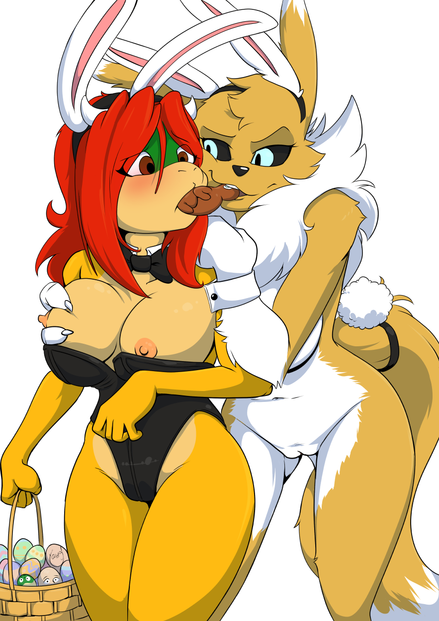 anthro bow_tie breast_grab breasts clothed clothing digimon duo easter female female/female hand_on_breast holidays lagomorph mammal nipples nude pussy rabbit renamon skimpy smile standing wide_hips yawg