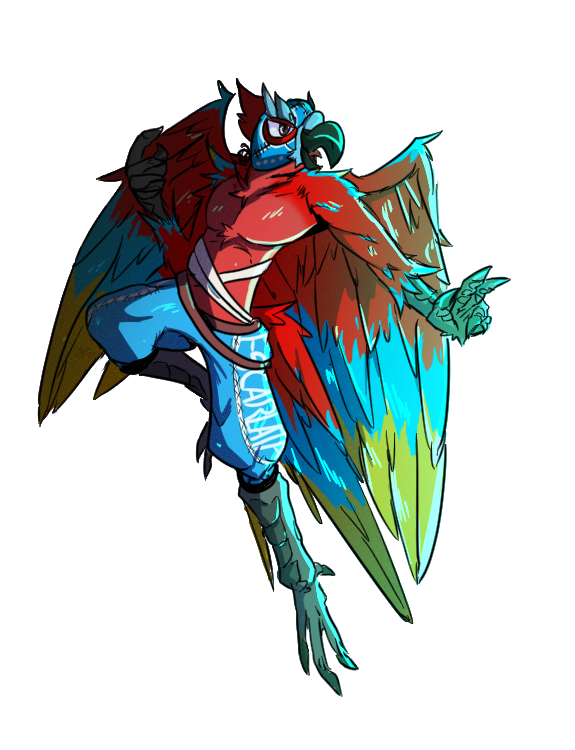 anthro avian beak boo-rad13y clothed clothing feathered_wings feathers fighting_stance legwear luchador male mask multicolored_tail multicolored_wings shorts solo talons topless wings wrestler
