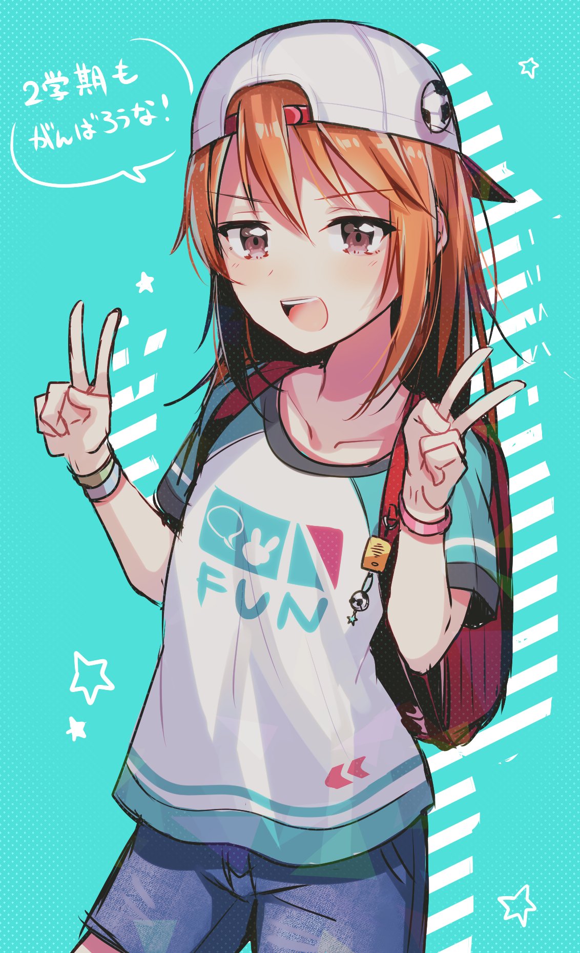 1girl :d backpack backwards_hat bag baseball_cap blue_background brown_eyes brown_hair clothes_writing commentary_request contrapposto crime_prevention_buzzer double_v eyebrows_visible_through_hair hair_through_headwear hands_up hat highres ichiren_namiro idolmaster idolmaster_cinderella_girls looking_at_viewer open_mouth purple_shorts raglan_sleeves randoseru shirt short_shorts shorts smile solo standing star translation_request v white_shirt wristband yuuki_haru