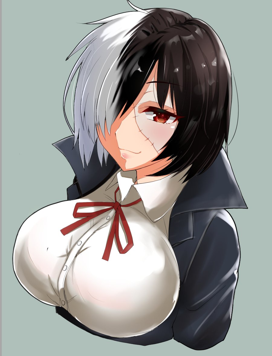 1girl black_coat black_hair breasts closed_mouth coat collared_shirt commentary_request copyright_request grey_background hair_over_one_eye haruka_(haruka_channel) large_breasts multicolored_hair neckerchief one_eye_covered open_clothes open_coat red_eyes red_neckwear red_ribbon ribbon shirt short_hair simple_background smile solo two-tone_hair upper_body white_hair white_shirt wing_collar