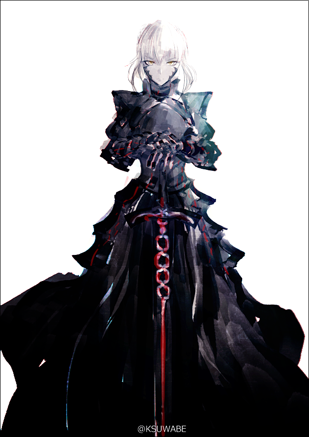 armor armored_dress artoria_pendragon_(all) black_border black_dress border closed_mouth commentary_request dark_excalibur dress facial_mark fate/stay_night fate_(series) gauntlets hands_on_hilt holding holding_sword holding_weapon kei-suwabe long_dress looking_at_viewer pale_skin pauldrons saber_alter short_hair simple_background standing sword twitter_username weapon white_background white_hair yellow_eyes