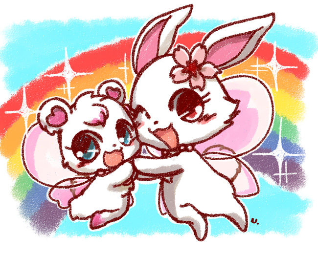 &lt;3 =鵜= bear blue_eyes blush cherry_blossom cub cute duo eyelashes female feral fur happy hare jewelpet jewelry jumping labra_(jewelpet) lagomorph mammal necklace one_eye_closed open_mouth pink_fur plant polar_bear rainbow red_eyes ruby_(jewelpet) sanrio sky sparkle star white_fur wings wink young