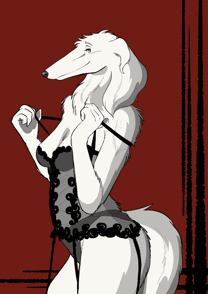 2016 anthro breasts butt canine clothing dog female fur grey_eyes inviting lingerie long_muzzle mammal simple_background smile solo ukabor white_fur