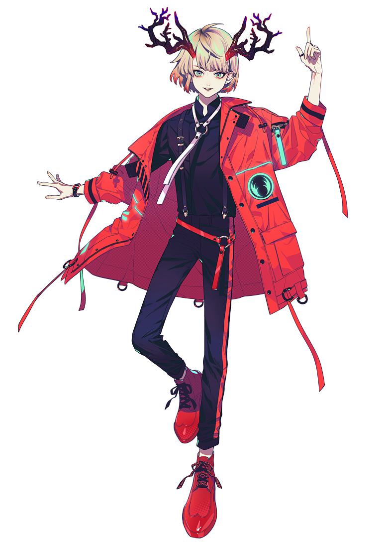 1boy :d akiakane antlers bangs belt black_pants black_shirt blonde_hair commentary_request gradient_hair green_eyes hand_up index_finger_raised jacket jewelry looking_at_viewer male_focus multicolored_hair open_clothes open_jacket open_mouth original pants red_footwear red_jacket ring shirt shoes simple_background smile solo standing standing_on_one_leg suspenders watch white_background wristwatch