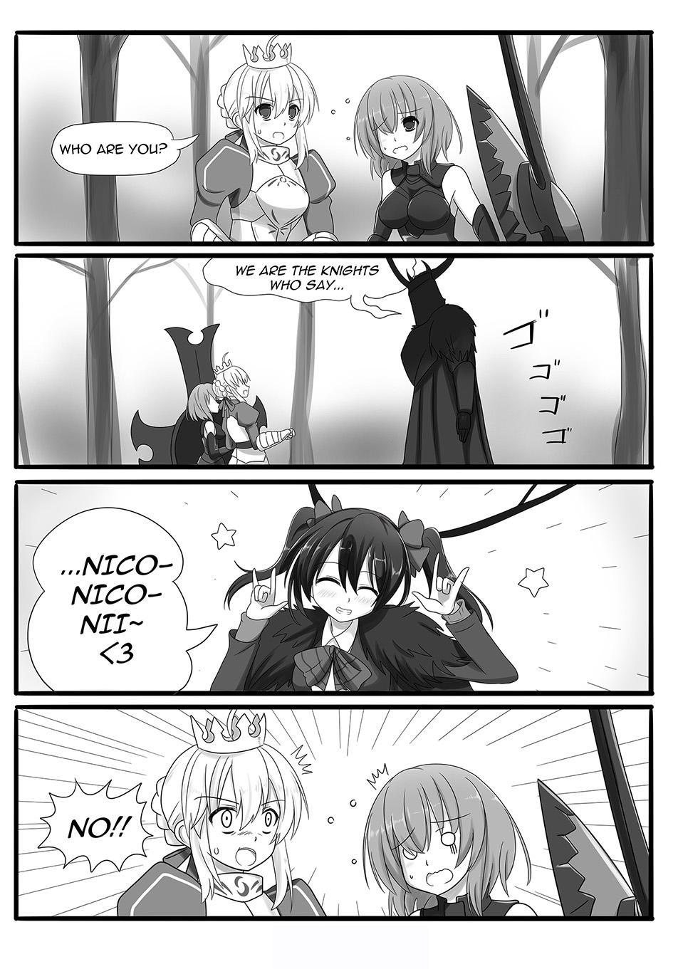 4koma \m/ ahoge alternate_height armor armored_dress artoria_pendragon_(all) closed_eyes comic crossover crown double_\m/ english fate/grand_order fate/stay_night fate_(series) gauntlets greyscale hair_bun hair_over_one_eye hair_ribbon highres love_live! love_live!_school_idol_project mash_kyrielight monochrome monty_python monty_python_and_the_holy_grail multiple_girls nico_nico_nii open_mouth parody ribbon saber setia_pradipta shield short_hair smile star tree twintails yazawa_nico