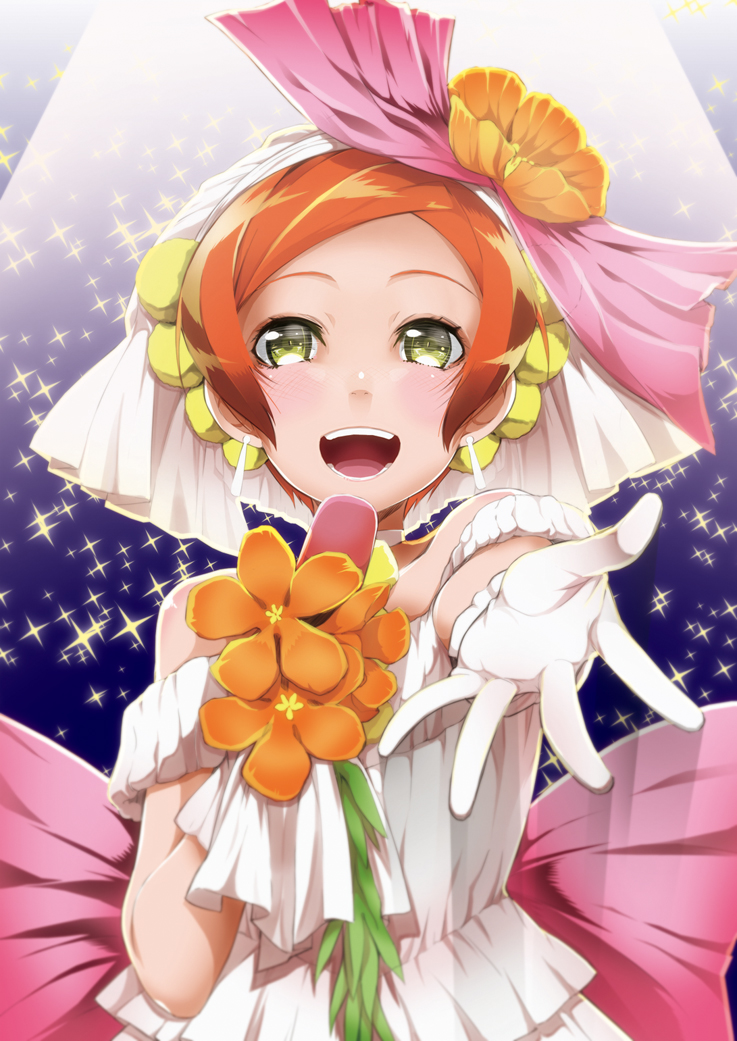 blush dress earrings flower gloves hair_flower hair_ornament hoshizora_rin jewelry love_live! love_live!_school_idol_project love_wing_bell microphone orange_hair outstretched_arm shiro_(nitto) short_hair smile veil white_dress white_gloves yellow_eyes