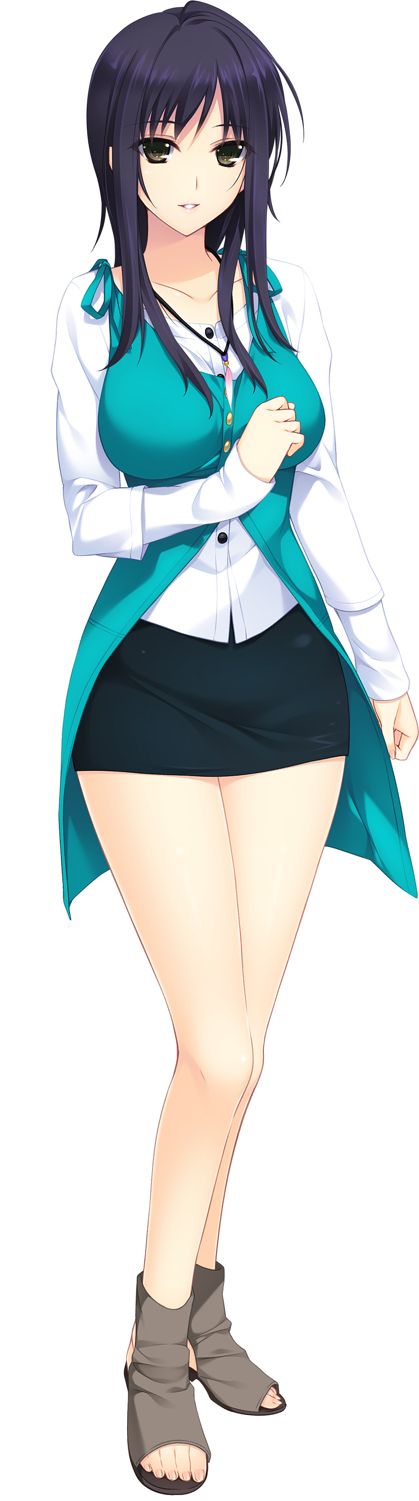 absurdres bangs black_hair breasts brown_eyes collarbone eyebrows_visible_through_hair full_body highres iizuki_tasuku izumi_wakoto large_breasts long_hair long_sleeves looking_at_viewer lovely_x_cation_2 miniskirt no_socks non-web_source open_toe_shoes parted_lips shirt shoes skirt smile solo standing transparent_background white_shirt