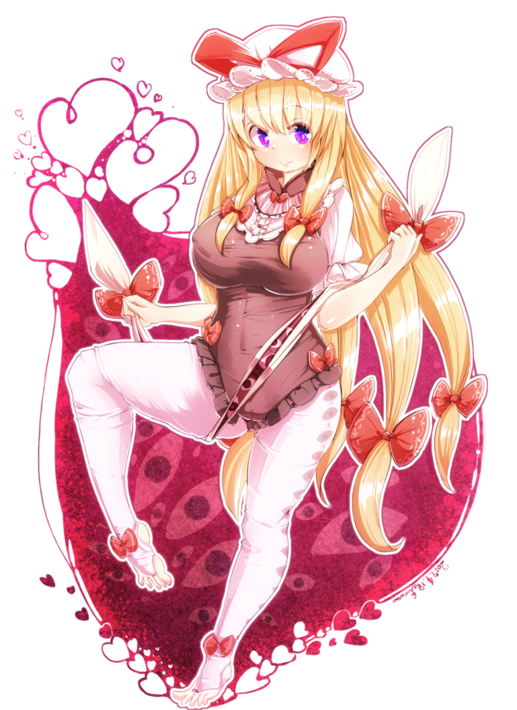 alternate_costume artist_name bangs belly blonde_hair bow breasts covered_nipples dated eyes frilled_leotard frills full_body furim gap gradient_eyes hair_between_eyes hair_bow hat hat_ribbon heart heart_of_string highres knee_up large_breasts leggings leotard long_hair looking_at_viewer mob_cap multicolored multicolored_eyes purple_eyes reflective_eyes ribbon ribbon-trimmed_headwear ribbon_trim shiny shiny_clothes shiny_hair sidelocks solo taut_leotard thick_thighs thighs toes touhou very_long_hair white_background white_legwear yakumo_yukari