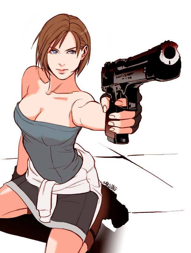 aiming aiming_at_viewer arm_at_side arm_support arm_up bangs bare_arms bare_legs bare_shoulders black_gloves black_skirt blue_eyes blue_tubetop boots breasts brown_footwear brown_hair capcom cleavage closed_mouth collarbone female fingerless_gloves gloves gun highres holding holding_gun holding_weapon jill_valentine legs lips lipstick looking_at_viewer makeup medium_breasts neck on_floor pencil_skirt pink_lipstick resident_evil resident_evil_3 sardine_(artist) seiza short_hair simple_background sitting skirt solo strapless sweater swept_bangs tile_floor tiles tubetop weapon white_background