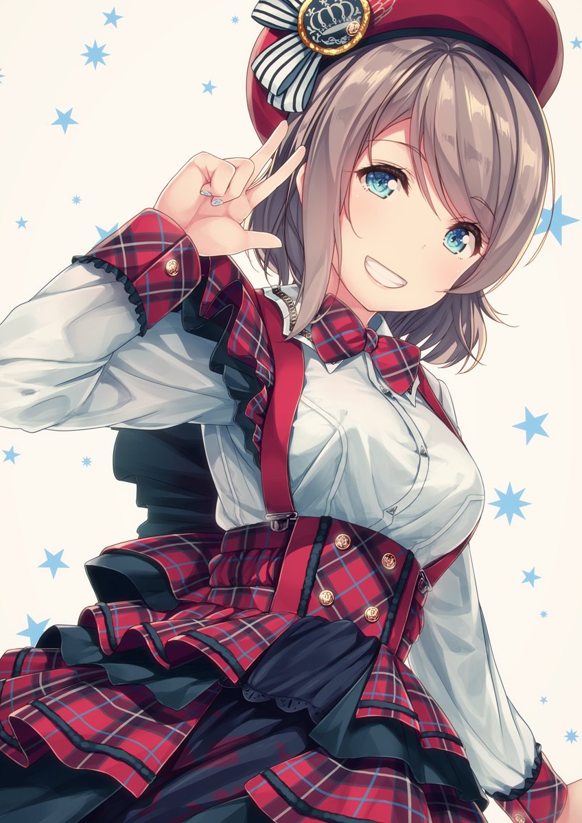 beret blue_eyes bow collared_shirt commentary_request frills grey_hair grin hat hat_bow high-waist_skirt highres layered_skirt long_sleeves looking_at_viewer love_live! love_live!_sunshine!! nail_polish plaid plaid_neckwear plaid_skirt shirt short_hair siva_(executor) skirt smile solo star starry_background striped striped_bow suspender_skirt suspenders w watanabe_you
