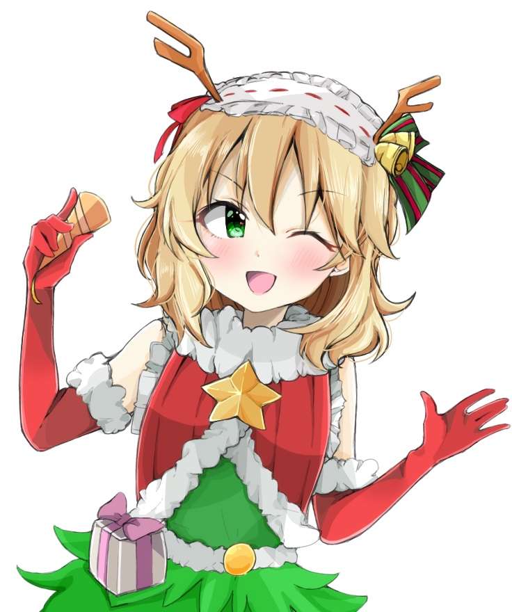1girl ;d alternate_costume arms_up bare_shoulders bell blonde_hair blush box breasts christmas_tree_costume commentary_request elbow_gloves eyebrows_visible_through_hair fake_antlers fur-trimmed_gloves fur-trimmed_vest fur_collar fur_trim gift gift_box gloves green_eyes hair_bell hair_between_eyes hair_ornament hair_ribbon hairband head_tilt holding idolmaster idolmaster_cinderella_girls kaedekko_(chariesk) leaning_over lolita_hairband looking_at_viewer medium_hair one_eye_closed open_hand open_mouth party_popper red_gloves red_vest ribbon sakurai_momoka simple_background small_breasts smile solo star striped striped_ribbon symbol_commentary upper_body vest white_background