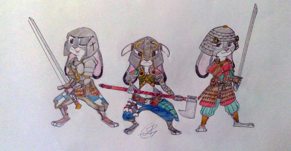 anthro armor body_armor clothed clothing crossover disney drawning female holding_object invalid_tag judy_hopps lagomorph looking_at_viewer mammal melee_weapon multiple_(disabiguation) purple_eyes rabbit simple_background smile sword video_games weapon white_background zootopia