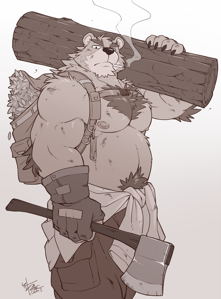 2017 anthro axe backpack bear belly biceps big_muscles body_hair chest_hair cigarette claws clothed clothing elbow_tufts fingerless_gloves fur gloves happy_trail looking_at_viewer male mammal melee_weapon monochrome musclegut muscular muscular_male pecs piercing smoking solo standing takemoto_arashi topless tuft weapon wood