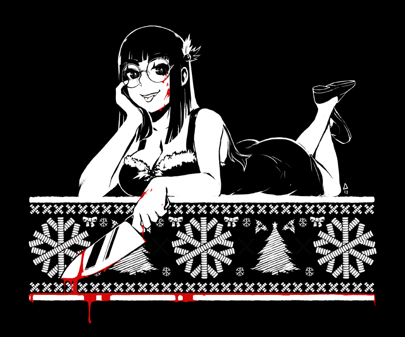 1girl bangs blood breasts christmas_tree cleavage dress erica_june_lahaie feet full_body glasses hair_ornament head_rest knife large_breasts lying mistletoe monochrome on_stomach original solo spot_color tongue tongue_out