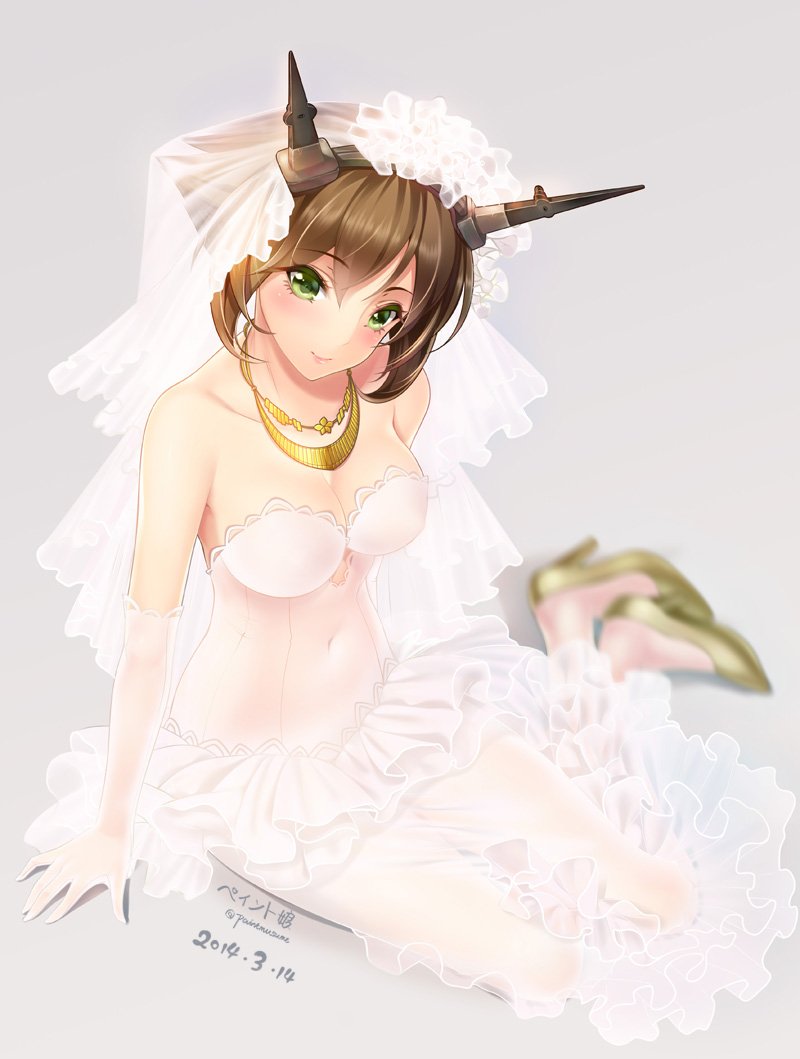 1girl 2014 artist_name bangs blush breasts bridal_veil brown_hair cleavage collarbone covered_navel dated dress flipped_hair focused full_body gold_footwear green_eyes grey_background headgear high_heels kantai_collection kneeling large_breasts looking_at_viewer mutsu_(kantai_collection) see-through simple_background sitting smile solo twitter_username veil wedding_dress white_dress youqiniang