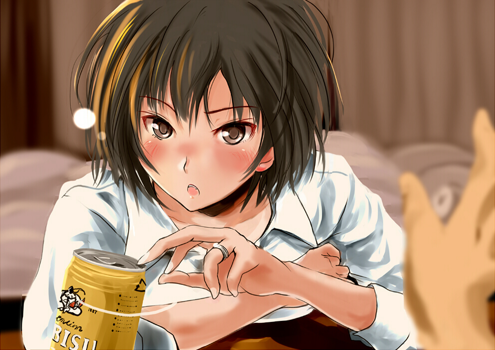 :o alcohol amagami bed beer blush brown_eyes brown_hair can collarbone collared_shirt curtains drunk indoors jewelry looking_at_viewer murasaki_iro nanasaki_ai older open_mouth out_of_frame pov revision ring shirt short_hair solo_focus upper_body wedding_band white_shirt wing_collar yebisu