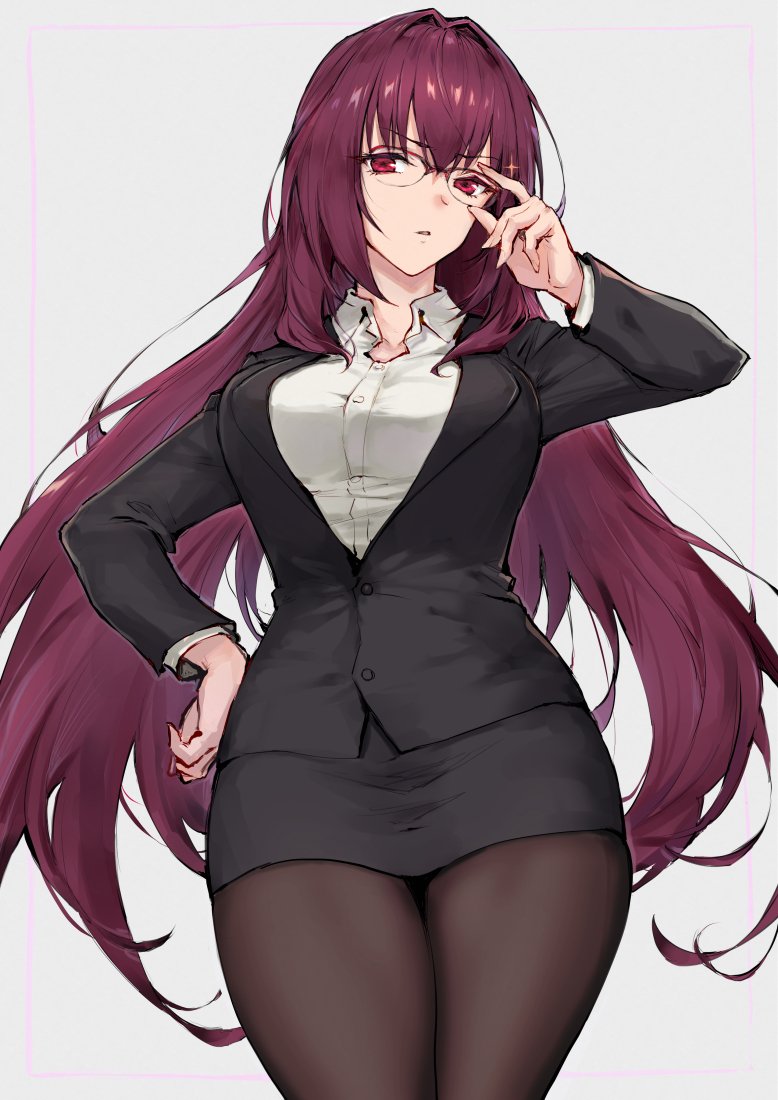 1girl adjusting_eyewear bespectacled black_jacket black_skirt breasts collarbone fate/grand_order fate_(series) from_below glasses grey_background hair_between_eyes hair_intakes hand_on_hip haoni jacket large_breasts long_hair long_sleeves looking_at_viewer looking_down office_lady open_clothes open_jacket open_shirt pantyhose parted_lips pencil_skirt purple_hair red_eyes scathach_(fate)_(all) shirt simple_background skirt solo upper_body very_long_hair white_shirt