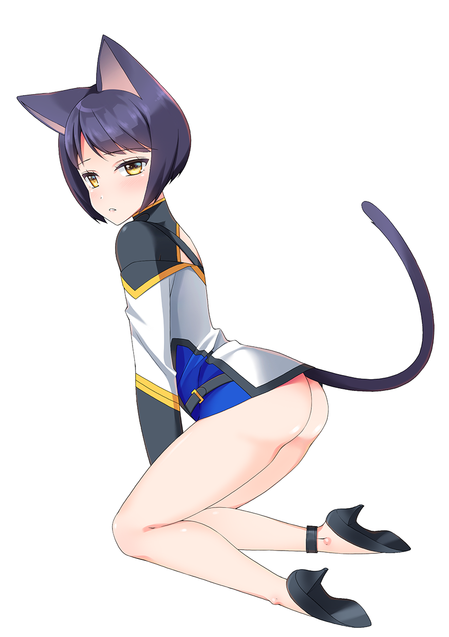 1boy animal_ears arc_system_works ass blazblue blazblue:_central_fiction blue_hair blush cat_ears cat_tail hibiki_kohaku high_heels kiriyama_machi parted_lips shiny shiny_hair shiny_skin short_hair solo tail trap yellow_eyes