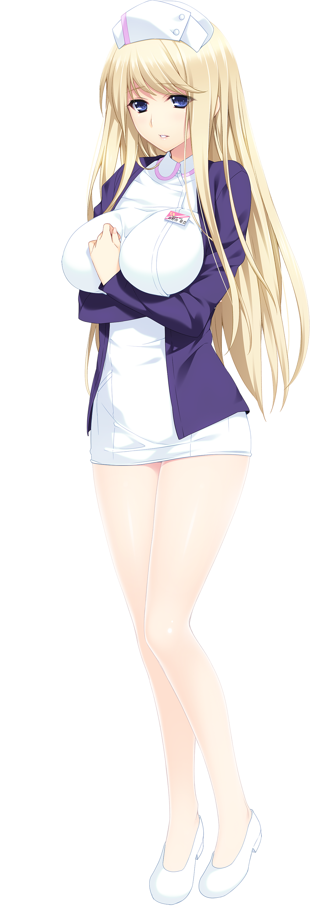 absurdres bangs blonde_hair blue_eyes breasts crossed_arms eyebrows_visible_through_hair full_body hat highres iizuki_tasuku large_breasts long_hair lovely_x_cation_2 name_tag non-web_source nurse nurse_cap pantyhose shoes simple_background skirt solo standing white_background yoshinoya_seine
